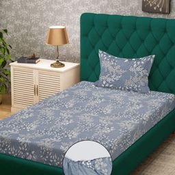 KLOTTHE Grey & White Floral Printed 300 TC Fitted Single Bedsheet Set 2.25 m x 1.50 m-image-81