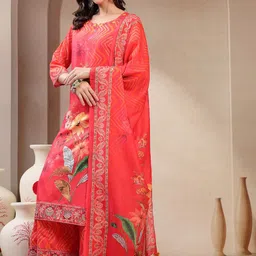 Sangria Floral Printed Notch Neck Mirror Work Straight Kurta With Palazzos & Dupatta-picture-20