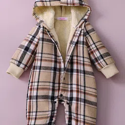 Hopscotch Boys Brown Plaided & Hooded Neck With Long Sleeves Polyester Romper-picture-25