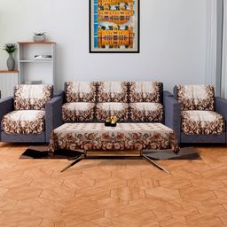 RUBOXA Gold-Toned & Off White Printed Velvet Sofa Cover-image-21