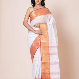 PUKU Woven Design Ethnic Motifs Zari Pure Cotton Taant Saree-image-89