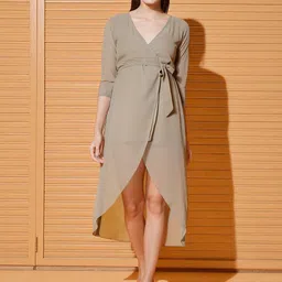 KATLINE Women V-Neck Georgette Wrap Midi Dress-picture-22