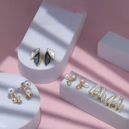 Estailo fashion Set Of 4 Stainless Steel Gold-Plated Pearls Beaded Contemporary Studs-56
