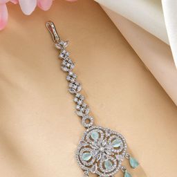 ZENEME Rhodium-Plated American Diamond Studded Maang Tikka Head Jewellery-13