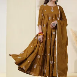 Anouk Women Ethnic Motifs Embroidered Tiered Thread Work Pure Cotton Kurta with Palazzos & With Dupatta-picture-30