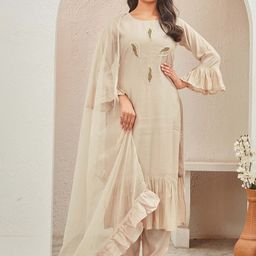 TWINS LADY Women Ethnic Motifs Embroidered Regular Beads and Stones Chanderi Cotton Kurta with Trousers &-image-66