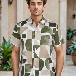 Celio Men Classic Regular Fit Geometric Printed Spread Collar Pure Linen Casual Shirt-picture-2