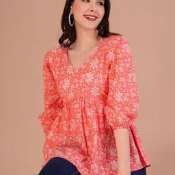 KALAMIR Women Floral Printed Gathered Puff Sleeve Cotton Peplum Top-picture-9