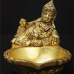 Exotic India Gold Toned Brass God Kubera With Oil Lamp-image-53