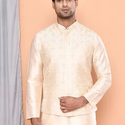 MAAHI FABS Mandarin Collar Pastels Straight Kurta with Pyjamas & Embroidery Nehru Jacket-picture-11
