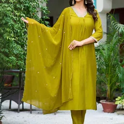 SZN Women Sequinned Detail Pleated Kurta With Trousers & Dupatta-2
