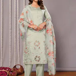 Royal Export Floral Embroidered Sequinned Straight Kurta with Trouser & Dupatta-picture-11