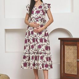 Frempy Maternity Floral Printed Organic Cotton A-Line Maxi Dress-picture-22