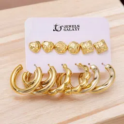 Jewels Galaxy Set Of 6 Gold Plated Contemporary Studs & Hoop Earrings-12