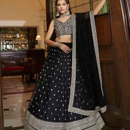 ODETTE Floral Embroidered Thread Work Soft Net Semi-Stitched Lehenga & Blouse With Dupatta image 1