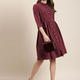 her by invictus Women Maroon Solid Shirt Dress-image-39