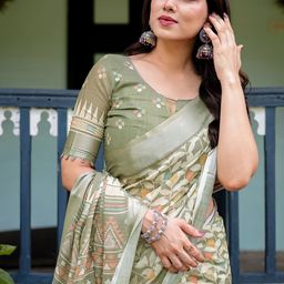 Mitera Printed Zari Pure Linen Saree-19