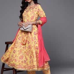 KSUT Women Yellow Floral Pure Cotton Printed Mirror Work Kurta with Trousers & Dupatta-image-29