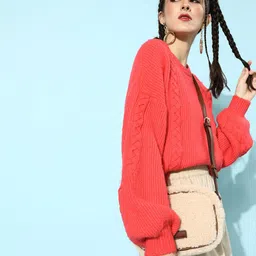 STREET 9 Women Coral Orange Acrylic Pullover-image-10