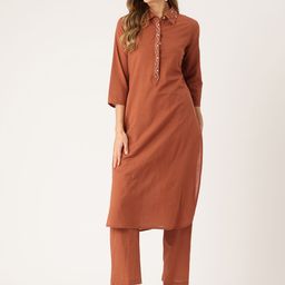 MISRI Solid Pure Cotton Tunic with Trousers Co-Ord Set with Embroidered Detail-picture-34