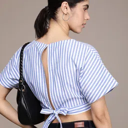 French Connection Striped Pure Cotton Styled Back Crop Top With Tie-ups Detail-image-82