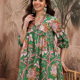 Sangria Floral Print Pure Cotton Gathered Ethnic Midi Empire Dress with Lace Inserts-picture-18