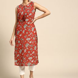 Sangria Women Rust Red & Black Pure Cotton Ethnic Motifs Printed Kurta-image-8