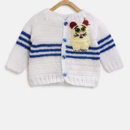 CHUTPUT Kids White & Blue Woollen Striped Cardigan-48