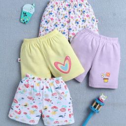 Bumzee Girls Yellow & Lavender Cotton Floral Shorts - Pack of 4-image-36