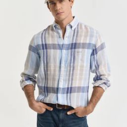 GANT Men Button-Down Regular Linen Madras Check Casual Multi Shirt-image-6