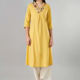 Rangmanch by Pantaloons Yellow Cotton Embroidered A Line Kurta-image-12