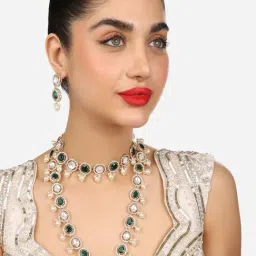 Zaveri Pearls Green Austrian Diamonds Layered Bridal Necklace Earring Maangtikka Set-ZPFK17770-image-33