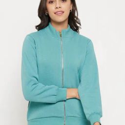 MADAME Turquoise Full Sleeves Front Open Sweatshirt-image-20