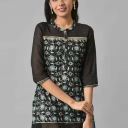 Aurelia Women Black Festive Floral Print Rayon Kurta-image-1