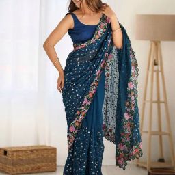 Saree Mall Blue Embellished Sarees With Unstitched Blouse-image-53