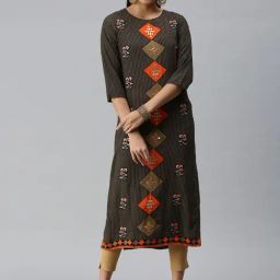 SHOWOFF Black Cotton Embroidered Motifs Calf Length Straight Kurta-image-19
