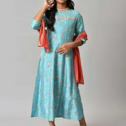 Aurelia Kids Blue & Red Floral Print Kurta with Dupatta-image-61