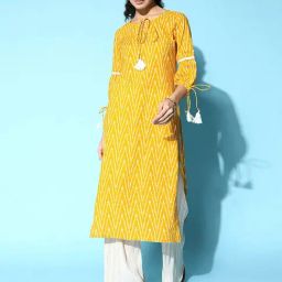 Yufta Yellow Cotton Printed Straight Kurta-image-3