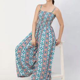 Moomaya Turquoise & White Printed Jumpsuit-image-49