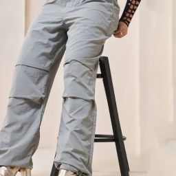 Bewakoof Grey Relaxed Fit High Rise Parachute Pants-image-94