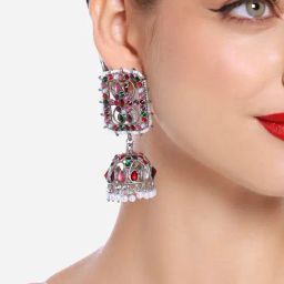 Zaveri Pearls Multicolour Silver Oxidised Kundan Stones & Beads Traditional Jhumki Earring-ZPFK16700-28