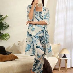 Sweet Dreams Blue Cotton Printed Top Pyjamas Set With Shrug-image-34