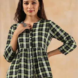 Jaipur Kurti Green Checked Mandarin Collar Cotton Peplum Top-picture-12