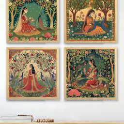 Art Street Multicolor Synthetic Wood Mughal Inspired Indian Women Wall Art Print - Set of 4-image-87
