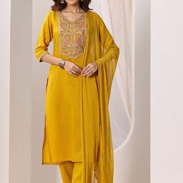 KALINI Ethnic Motifs Embroidered Straight Thread Work Kurta With Trousers & Dupatta-image-33
