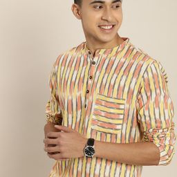 Taavi Men Ikat Woven Design Sustainable Kurta with Chest Pocket-3