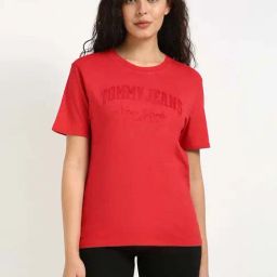 Tommy Hilfiger Red Cotton Solid T-Shirt-image-96