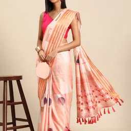 Silk Land Printed Zari Silk Blend Banarasi Saree-image-6