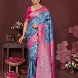 Varanga Blue Silk Blend Zari Saree With Unstitched Blouse-picture-20
