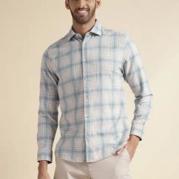 Andamen Khaki & Blue Regular Fit Checks Shirt-image-9
